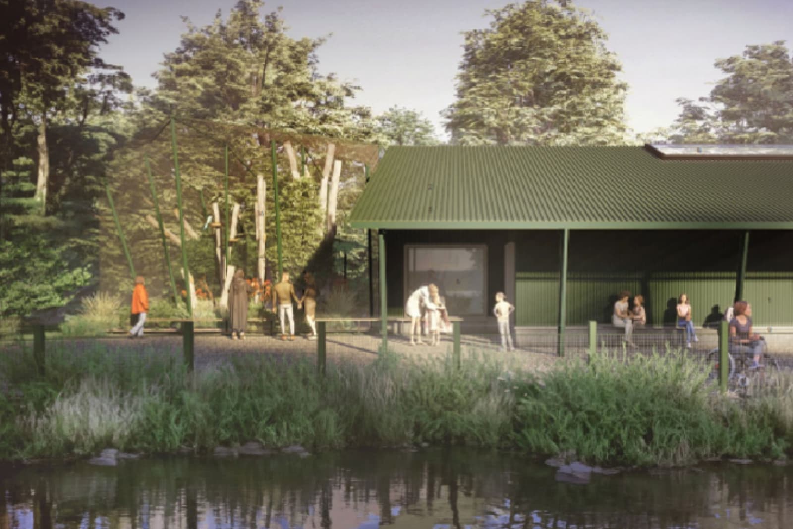 A green-roofed building surrounded by trees, with people gathered outside near a pond, under a clear sky.