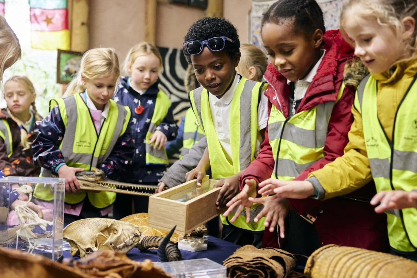 A group of children in high-vis vests look at a table laid with animal biofacts