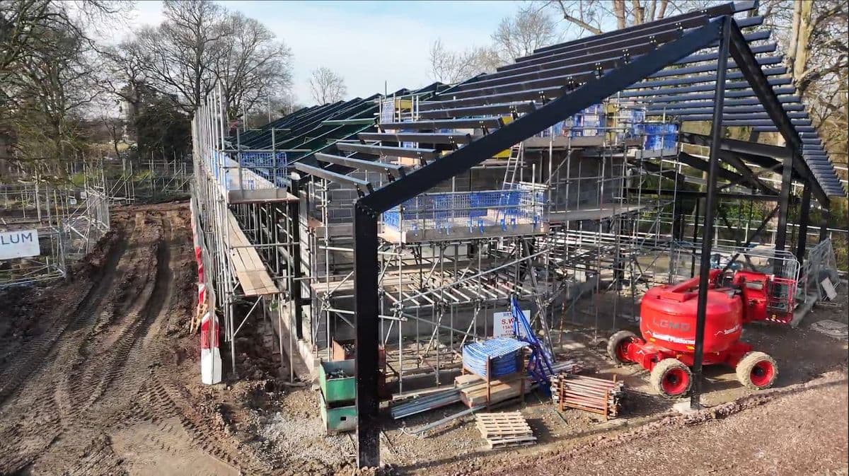 The steel frame of the gorilla house under construction