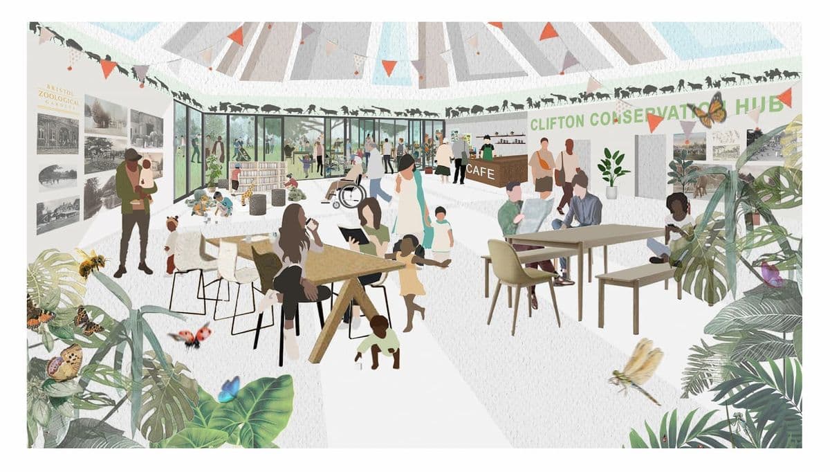 A CGI image of an indoor space with plants and animal motifs on the walls, and lots of people gathered around tables