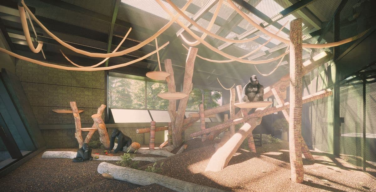 A CGI of the interior of the gorilla house, showing a group of gorillas