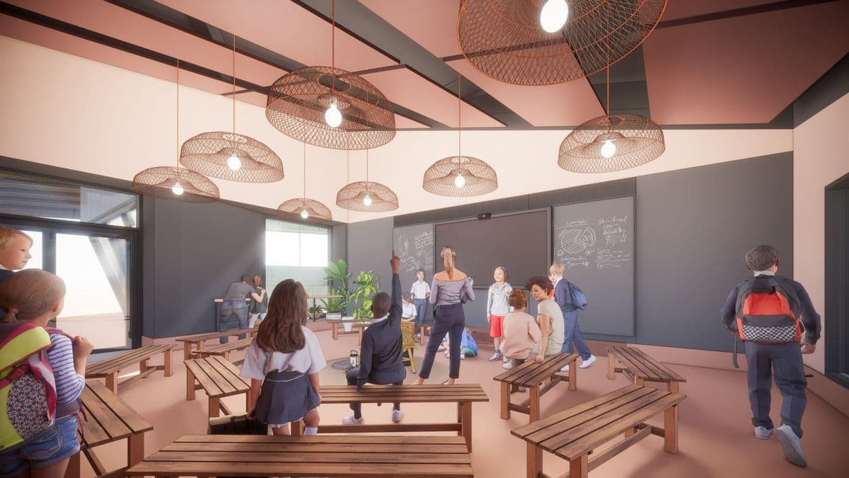 A CGI of the Gorilla Learning Space, showing a classroom setup with benches and a blackboard